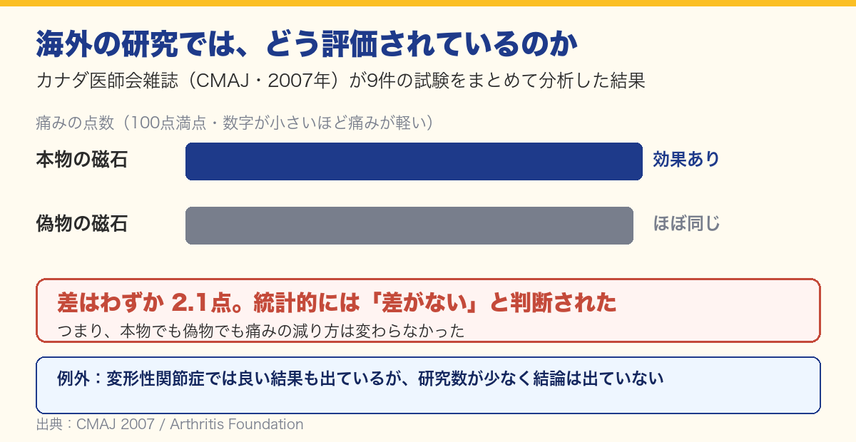 海外の研究結果:本物の磁石と偽物の磁石で痛みの減り方に差が確認できなかった
